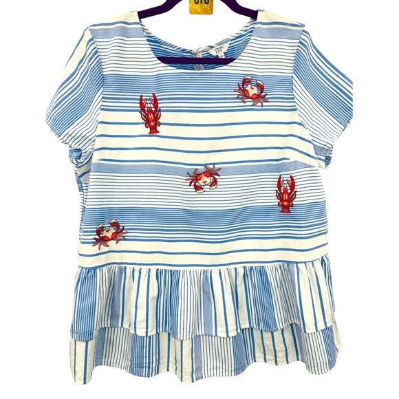 Large Crown & Ivy Montauk Weekend Short Sleeve Crab Embroidered Top - Picture 2 of 6